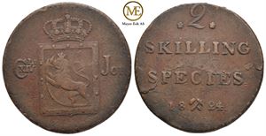 2 skilling 1824 Carl XIV Johan. Kv.1/1+