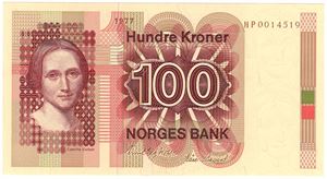 100 kroner 1977 HP. Erstatningsseddel. Kv.0