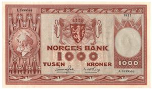 1000 kroner 1953 A.0899586. Kv.01