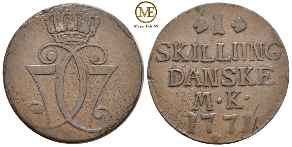 Skilling 1771 Christian VII. Stavefeil i Skilliing. Kv.1+/01