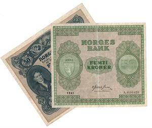 50 kroner 1943 C og 1945 A. VK