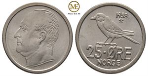 25 øre 1958 Haakon VII. Kv.0