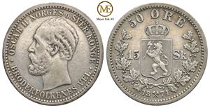 50 øre/15 sk. 1874 Oscar II. Kv.1/1+