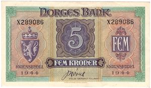 5 kroner 1944 X.289086 London utg. Kv.01