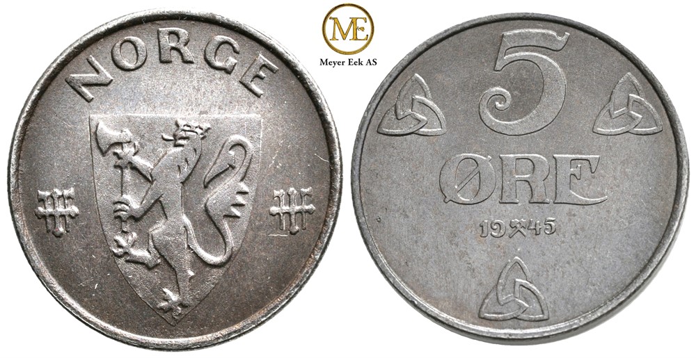 5 øre 1945 Haakon VII. Kv.0/prakt