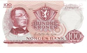 100 kroner 1977 Z. 1-million erstatningsseddel. Kv.0