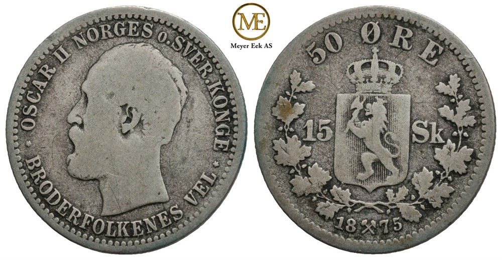 50 øre/15 sk. 1875 Oscar II. Kv.1-