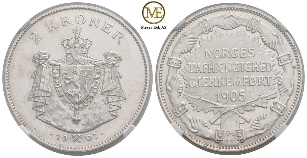 2 kroner 1907 Jub. m/gevær. Kv.0/01