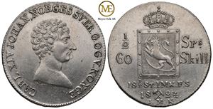 1/2 speciedaler 1824 Carl XIV Johan. Kv.0/01