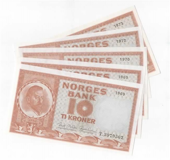 Norge 10 kroner 1969 T og V, 1970 W, 1972 L og 1973 N