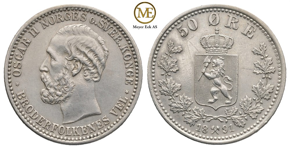 50 øre 1891 Oscar II. Kv.1+/01