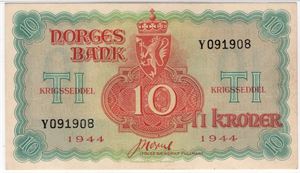 10 kroner 1944 Y.091908. London utgaven. Kv.0/01