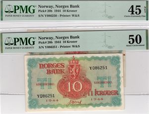 10 kroner 1944 Y. London utgaven i serie. VK.