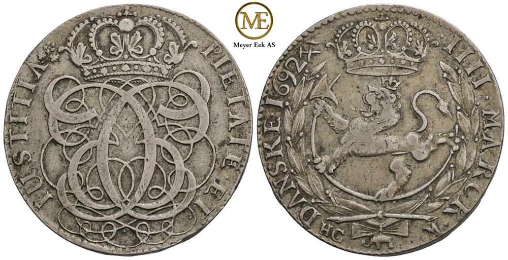 4 mark 1692 Christian V. Kongsberg. Kv.1+