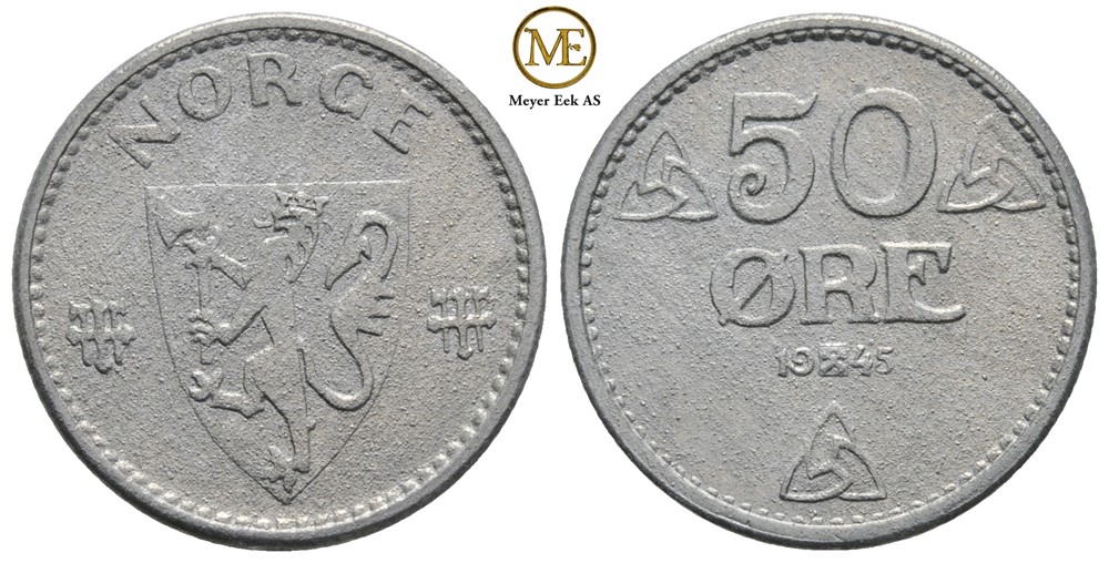 50 øre 1945 zink. Haakon VII. Kv.0