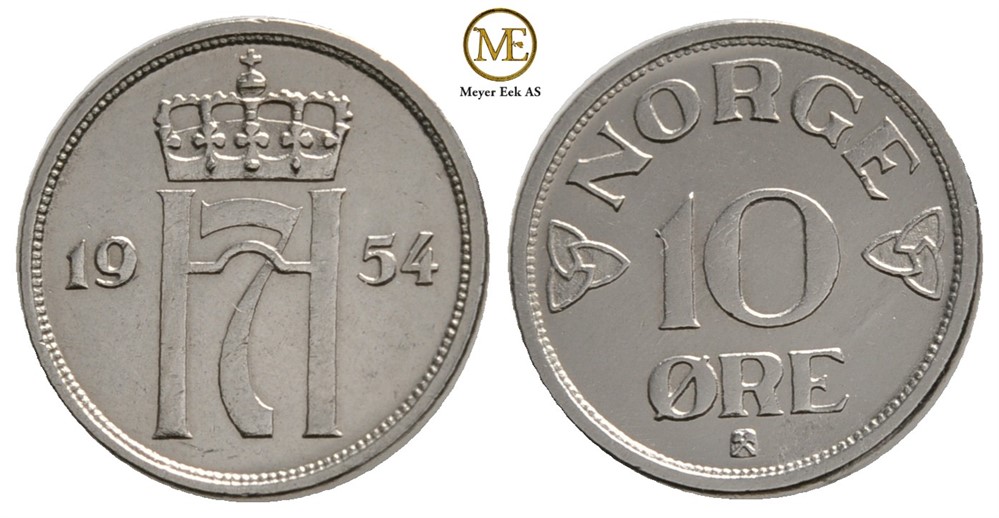 10 øre 1954 Haakon VII. Kv.0