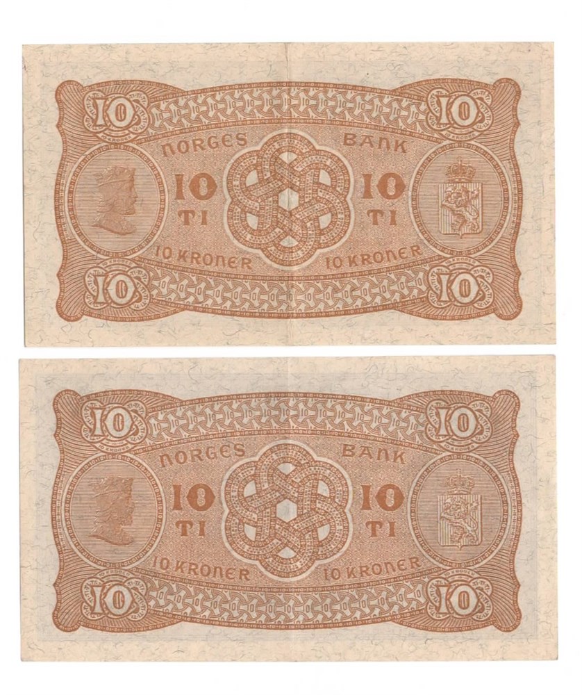 Norge 10 kroner 1941 Å og 1942 C kv. 1+ og 01