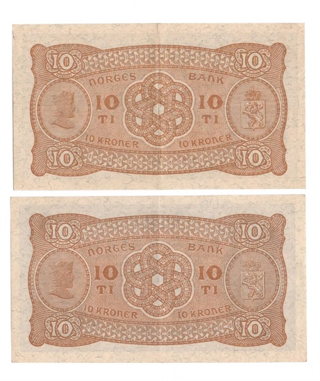 Norge 10 kroner 1941 Å og 1942 C kv. 1+ og 01