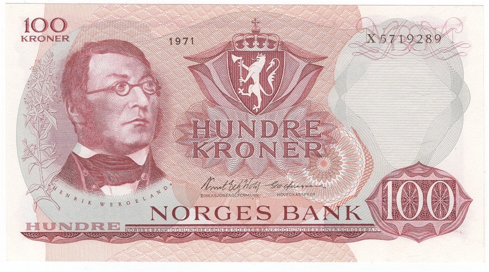 100 kroner 1971 X.5719289 erstatningsseddel. Kv.0