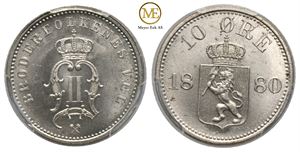 10 øre 1880 Oscar II. MS66. Kv.0