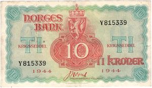 10 kroner 1944 Y.815339. London utg.  Kv.1+