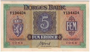 5 kroner 1944 Y.194404. London Ugaven. Kv.01