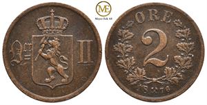 2 øre 1876 Oscar II. Sjelden variant. Kv.1