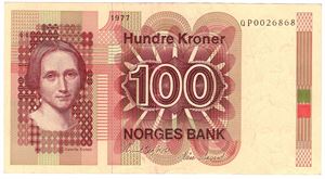 100 kroner 1977 QP. Erstatningsseddel. Kv.0/01