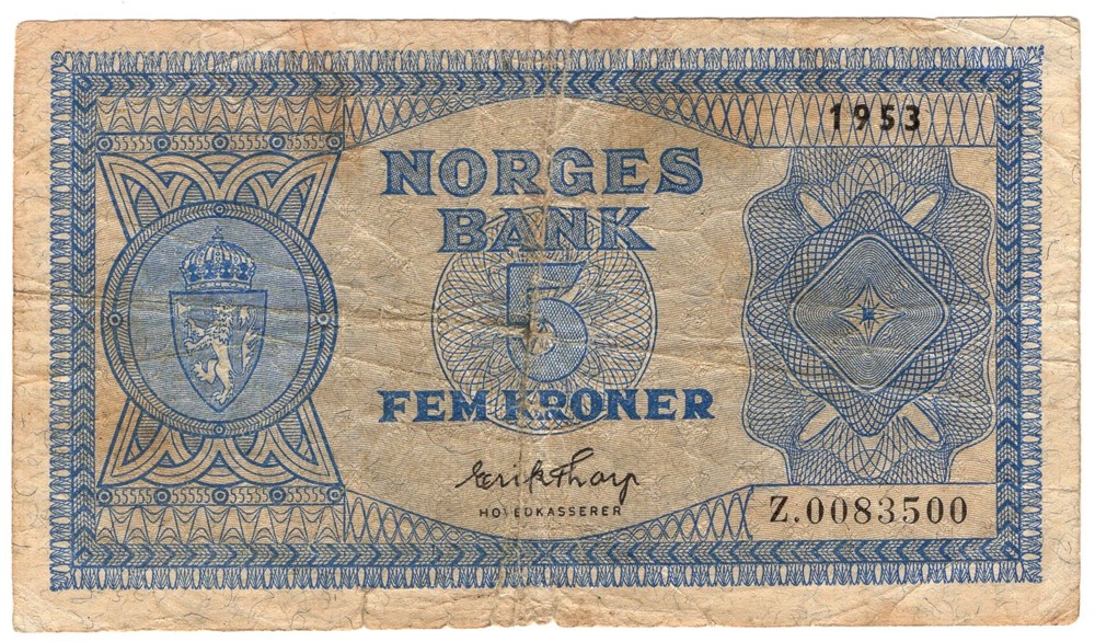 5 kroner 1953 Z.0083500. Erstatningsseddel. UNIK. Kv.1-