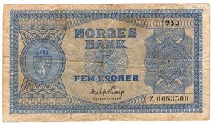 5 kroner 1953 Z.0083500. Erstatningsseddel. UNIK. Kv.1-