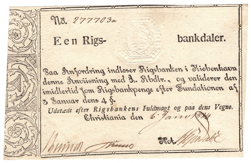 1 Rigsbankdaler Christiania 6. Januar 1914. Kv.0/01