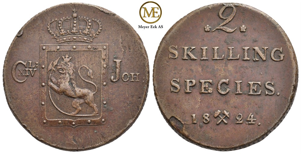 2 skilling 1824 Carl XIV Johan. Kv.1+/01