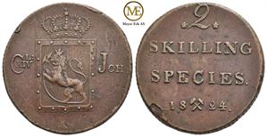 2 skilling 1824 Carl XIV Johan. Kv.1+/01