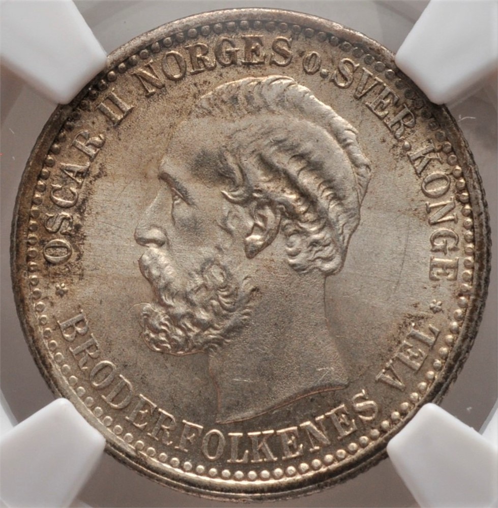 50 øre/15 skilling 1874 Oscar II. NGC MS65. Praktfullt eksemplar. Kv.0