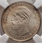 50 øre/15 skilling 1874 Oscar II. NGC MS65. Praktfullt eksemplar. Kv.0