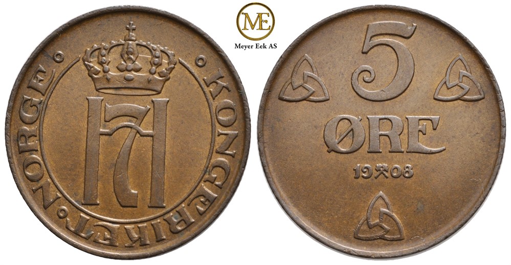 5 øre 1908 Haakon VII. Kv.0