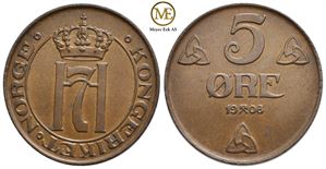 5 øre 1908 Haakon VII. Kv.0