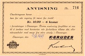 K Grudes konfeksjonsfabrikk 10 kroner 2.8.1941