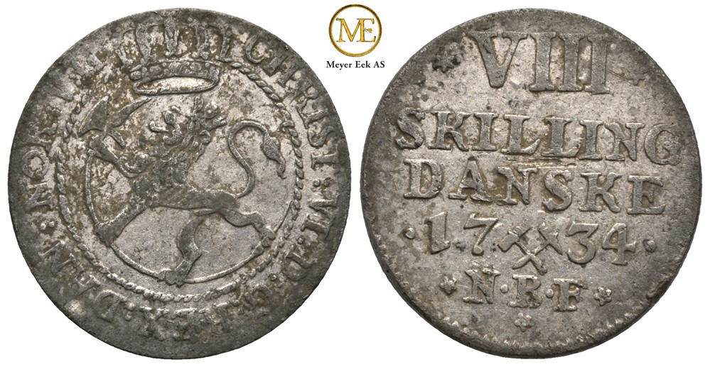 8 skilling 1734 Christian VI. Kv.1+