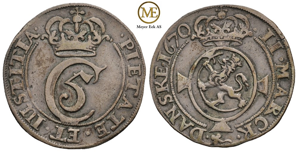 2 mark 1670 Christian V. Kv.1+