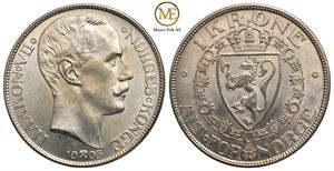 1 krone 1908 Haakon VII. Praktfull mynt. Kv.0