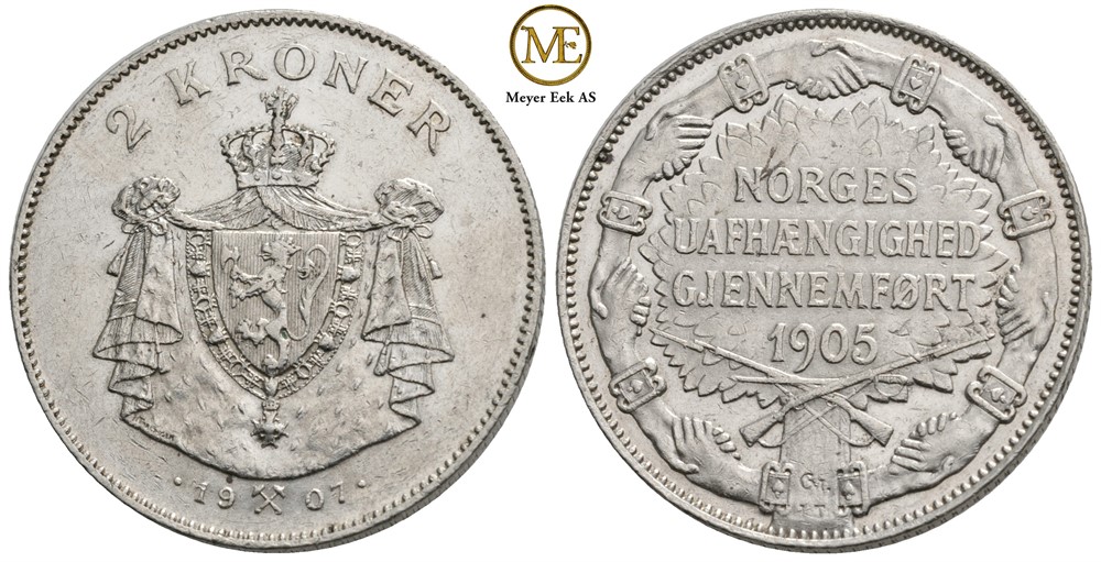 2 kroner 1907 Haakon VII. Jub. m/gevær. Kv.01