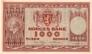 1000 kroner 1958 A.1366078. Kv.1/1+