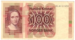 100 kroner 1980 HL. Erstatningsseddel. Kv.1/1+