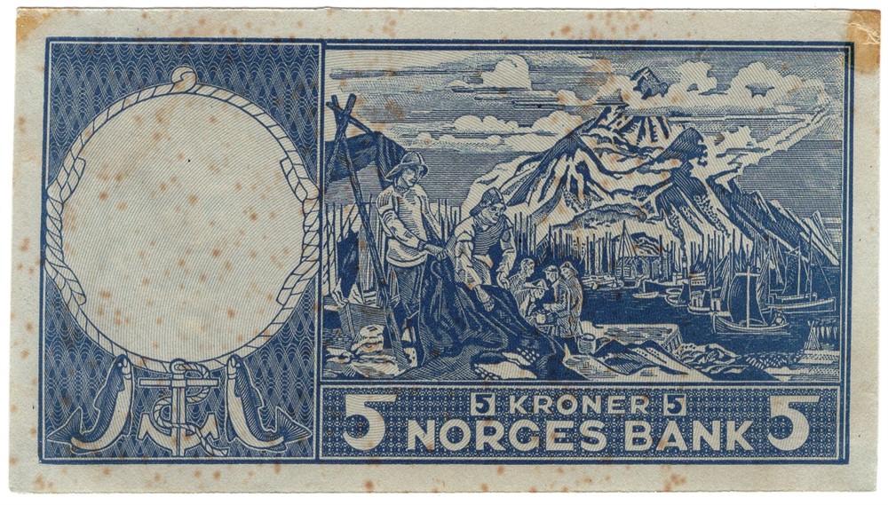 5 kroner 4 Utg. 1955-63. Ensidig prøvetrykk. Kv.0/01