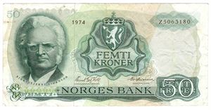 50 kroner 1974 Z.5063180 5-million erstatningsseddel. RRR-seddel. Kv.1-