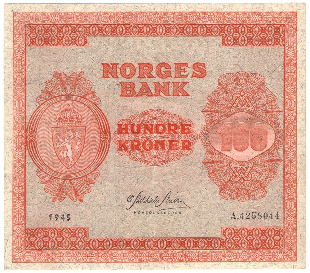100 kroner 1945 A.4258044. Kv.1+/01
