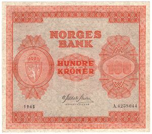100 kroner 1945 A.4258044. Kv.1+/01
