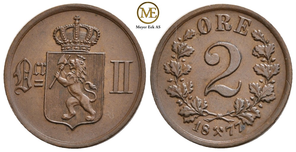 2 øre 1877 Oscar II. Kv.0/01