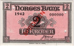 2 kroner 1942 Specimen. London utgaven. 64 PPQ. Kv.0